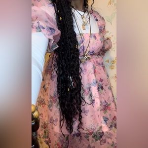 SHEIN Square Neck Puff Sleeve Butterfly & Floral Print Organza Babydoll Dress